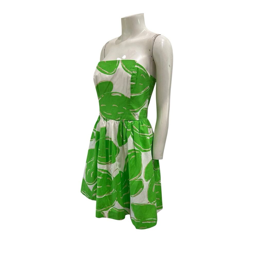 Lilly Pulitzer Strapless Mini Dress Green White Tropical Print Cotton Sz 4 -